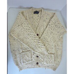 Tivoli Aran Large Cardigan Speckled Tan 100% Wool Pockets Fisherman V Neck Irish